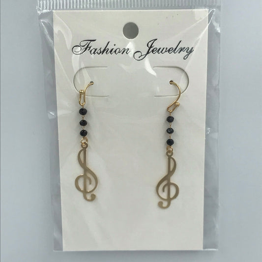 Boucles d'oreilles pendante motif note de musique et perles noires